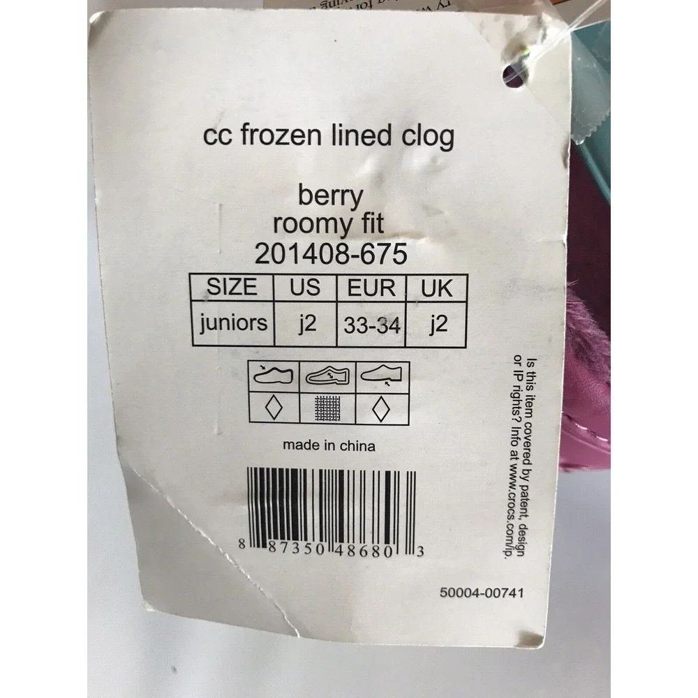 Crocs, Girls, Clogs 'Frozen' Anna/Elsa, Size Junior 2‎ 'Berry', Felt Lined.